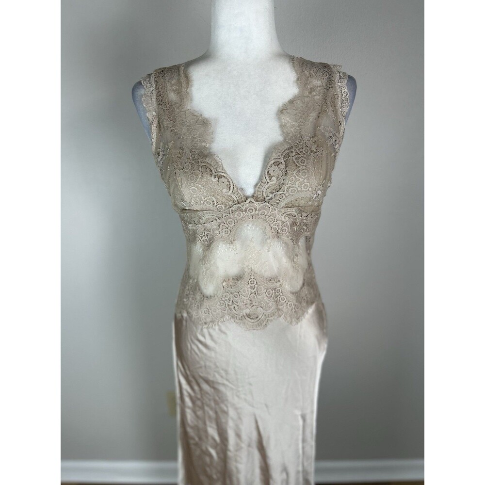 Lace Beige Satin Maxi Dress Size M Slip Gown Event Cocktail Party Sexy Romantic - Picture 5 of 7